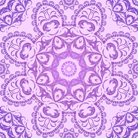 Seamless round vegetable pattern on a light lilac background in a vector. A lilac lacy background in baroque style, a mandala. A decorative flower pattern for wallpaper, cards, textiles, packagings.のイラスト素材