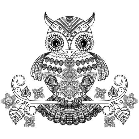 Vector illustration of an owl sitting on a branch with flowers in boho style. Decorative owl in ethnic style on a white background. Black and white owl graphics, zentangle, tattoo design or mehandi.のイラスト素材
