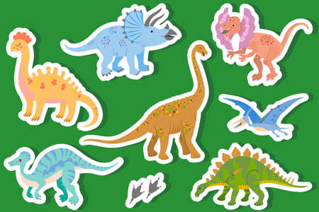 Set of baby cute dinosaurs in vector. Jurassic Reptile Stickers Brachiosaurus, Dilophosaurus, Triceratops, Stegosaurus, Pterodactyl, Amargasaurus, Corytosaurus. Collection of drawn dinosaurs.のイラスト素材