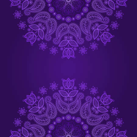 Seamless vector pattern based on traditional oriental element paisley, Indian cucumber, buta. Floral pattern on purple background. Mandala.のイラスト素材