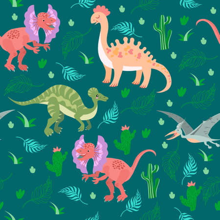 Childish vector seamless pattern with Jurassic reptiles. Colorful background with funny dinosaurs. Children's fairy print.のイラスト素材