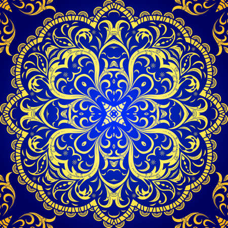 Gold seamless pattern on a blue background vector. Luxury abstract background in oriental style. Mandala for pattern design, packaging, textile printing and other purposes.のイラスト素材