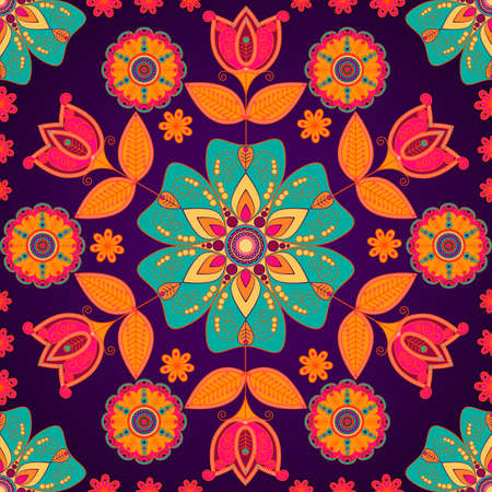 Seamless pattern of colorful flowers and leaves on a purple background. Modern floral background. Vector illustration for textiles, packaging, printing.のイラスト素材