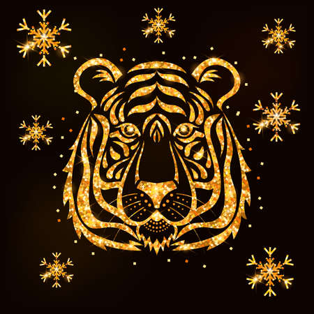Christmas card with a stylized tiger and snowflakes. Abstract shiny tiger. New Year card tiger with glitter texture, gold glitter.のイラスト素材
