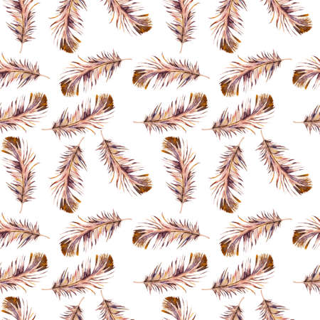 Watercolor seamless elegant pattern of colored feathers. Hand-drawn pattern in boho style, chic wallpaper. Bird feather pattern.の写真素材