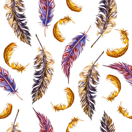 Watercolor seamless elegant pattern of colored feathers. Hand-drawn pattern in boho style, chic wallpaper. Bird feather pattern.の写真素材