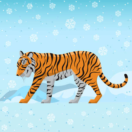 Vector illustration of a tiger in winter surrounded by snow and snowflakes. Amur tiger on a winter background.のイラスト素材