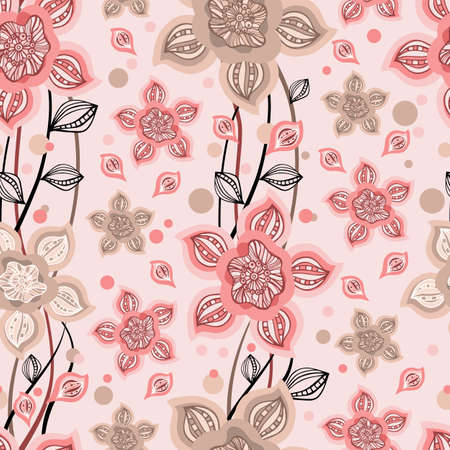 Vector illustration. Seamless pattern of abstract flowers and lines. Floral background in a modern style for wrapping paper, textiles, postcards and your design.のイラスト素材