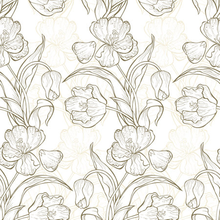 Seamless vintage pattern hand-drawn tulips on a white background. Spring flowers vector illustration.のイラスト素材