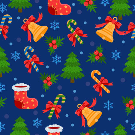 Vector seamless pattern with Christmas elements. Festive background with candy, Christmas tree,...