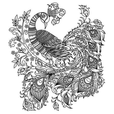 Vector illustration. Black and white graphics. Decorative bird in ethnic, Slavic style. Totem, tattoo. Mythical bird, Phoenix, heat-bird for sketches, design and printing.のイラスト素材