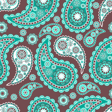 Seamless vector pattern, based on traditional oriental paisley elements, Indian cucumber, buta. Decorative turquoise paisley elements on a brown background. The background is colorful, suitable for textiles, wallpapers, wrapping paper and other printing purposes.のイラスト素材