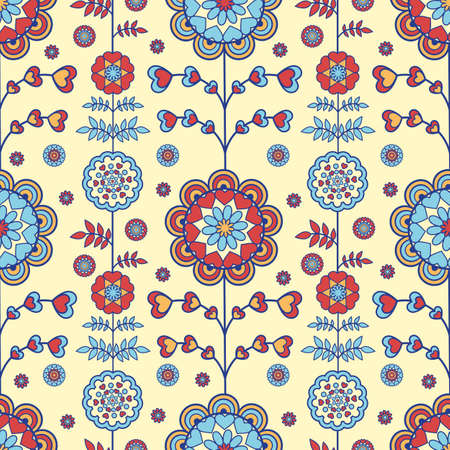 Vector illustration. Seamless floral pattern. Stylized colorful flowers on a beige background.のイラスト素材