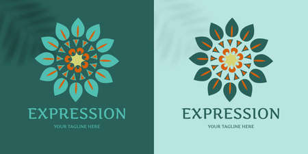 Flower logo, natural motives, mandala. Eco-themed template, branding element. Eco emblem, organic, natural for label, label, packaging, badge or badge of natural food, beverage, cosmetics. Vector illustration.のイラスト素材