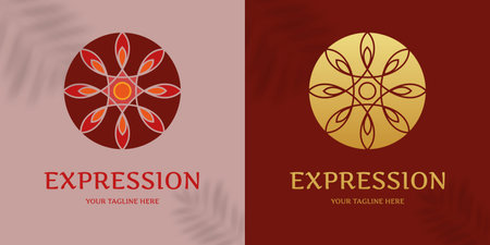 Logo in the form of a flower, natural motives, mandala. Logo design template vector graphic branding element. The emblem in the mystical style, the sun. Flower icon. Symbol for jewelry, restaurant, cosmetics, beauty products, tattoo studios, spa salon, studios.のイラスト素材