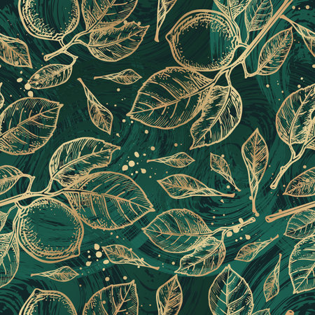 Seamless vector pattern of golden lemons with leaves on an abstract background. Citruses in doodle style. Sketch of fresh tropical fruits, healthy food. A repeating sample with a retro effect.の写真素材