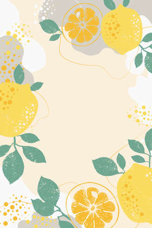 Abstract background of lemons, slices, lines, spots. Citrus pattern for your text. Fresh fruits, lemonade. Modern banner, poster, cover. Vector illustration.のイラスト素材