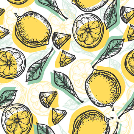Seamless pattern of hand-drawn yellow lemons with black contour. Background from Doodle fresh citrus fruits. Vegetarian food line sketch. Endless template in modern style, vector illustration.のイラスト素材