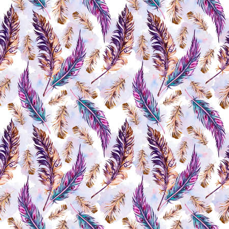 Watercolor seamless elegant pattern of colored feathers. Hand-drawn pattern in boho style, chic wallpaper. Bird feather pattern.の写真素材