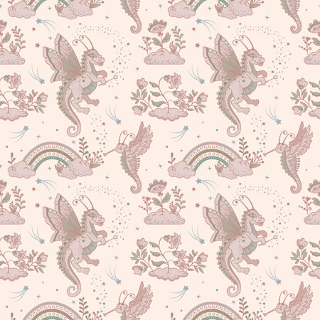 Seamless pattern with magical characters. Childish repeating background with a cute baby dragon and a winged horse. Fabulous clouds and rainbow in pastel colors. vector illustration.のイラスト素材