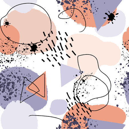 Seamless pattern with grunge spots. Modern background with strokes and lines. Template with trendy drawings for textiles, clothing, wrapping paper. Vector illustration.のイラスト素材
