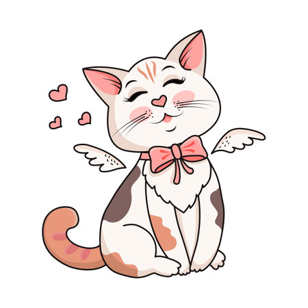 Cute kitty with angel wings and hearts. Vector illustration in kawaii style. Happy white kitten for Valentine's Day. Funny cat mascot.のイラスト素材