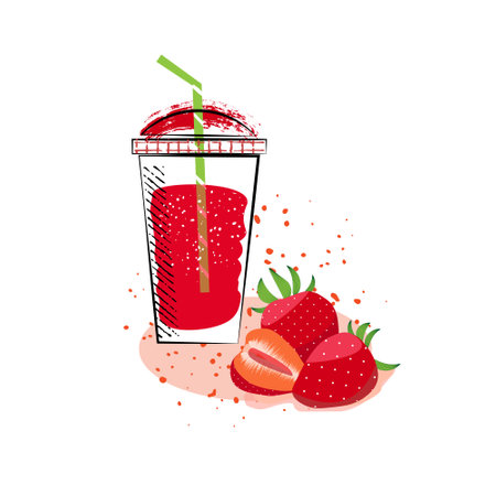 A glass of strawberry cocktail and strawberriesのイラスト素材