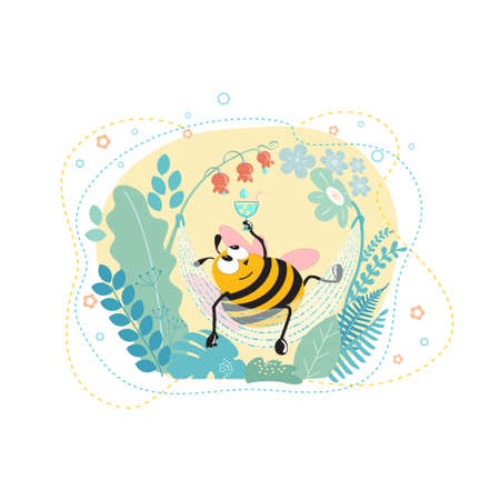 Cartoon bumblebee in a hammock, drinking nectarのイラスト素材