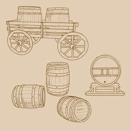 set of wooden barrels in retro styleのイラスト素材