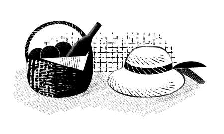 Wine and fruit in a basket and a hatのイラスト素材