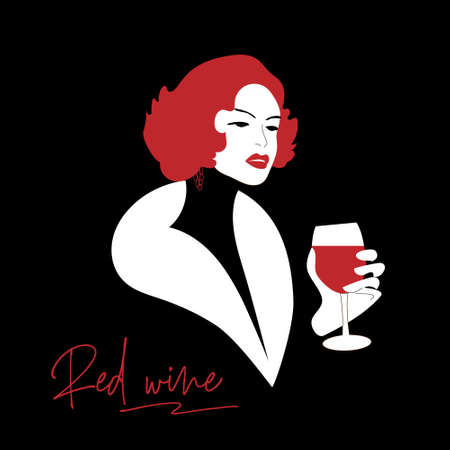 Retro woman with a glass of red wineのイラスト素材