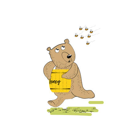 bear with a barrel of honey escapes from beesのイラスト素材