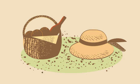 a basket with wine and fruit and a hatのイラスト素材