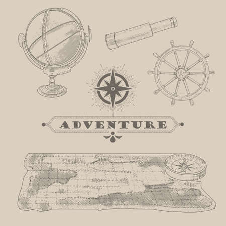 A set of marine objects in an engraved styleのイラスト素材