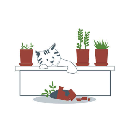 A bad cat broke a flower pot.のイラスト素材