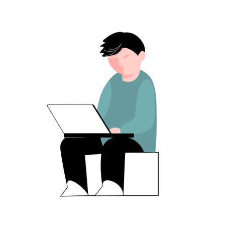 A teenager sits with a laptop on a benchのイラスト素材