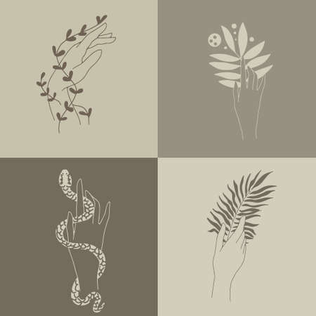 A set of emblems with mystical symbols in their handsのイラスト素材