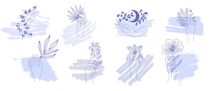 A womans hand with a plant. Set in very peri color.のイラスト素材