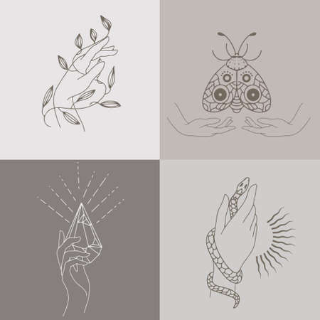 A set of emblems with mystical symbols in their handsのイラスト素材