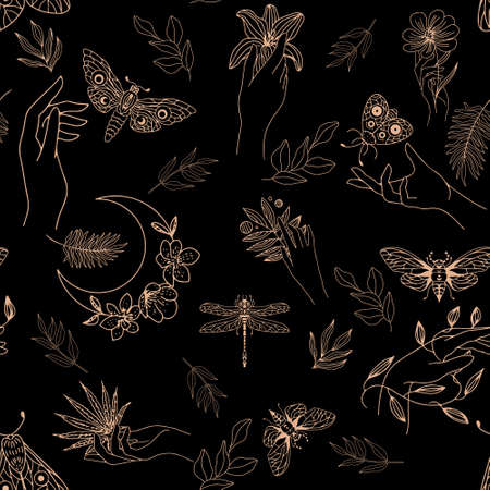 Background of leaves, hands, butterflies and dragonflies, gold on a black backgroundのイラスト素材