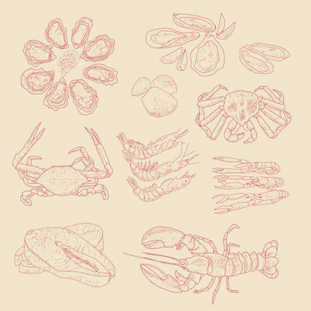 Seafood and fish in vintage styleのイラスト素材