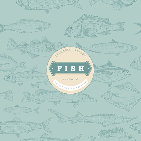 Fish label with seamless patternのイラスト素材