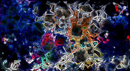 Abstract lighted crystals. Colorful glass dust randomly flying on the dark background. Festive night lights. Night party background illustrationの写真素材