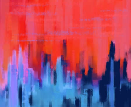 Abstract cityscape painting with hot sky backgroundの写真素材