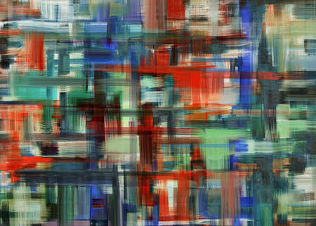 Colorful abstract artwork with green and red accents on canvas. Square mesh made with dark paint strokesの写真素材