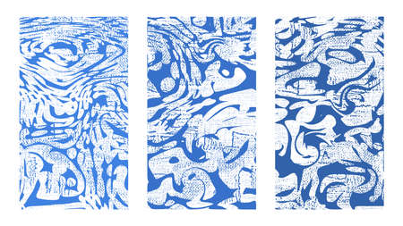 Vector, set of artistic abstract fluid backgrounds. Dynamic blue soft, wavy surface, illusion, curvature. Liquid paint on canvasのイラスト素材