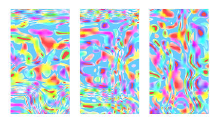 Psychedelic multicolored hippie background set, vector artworks. Vertical good vibes colorful templates, vivid posters and cover designsのイラスト素材