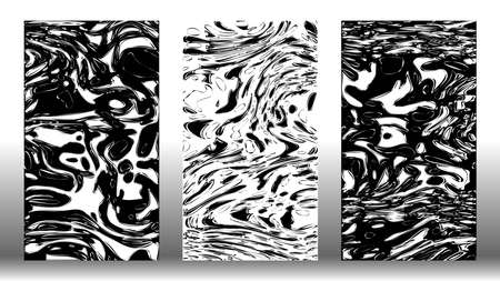 Liquid mercury background. Black and white vector set. Shiny metallic texture, contrast vertical covers with glossy chrome surfaceのイラスト素材