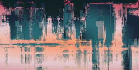 Fantastic surrealistic scenery, digital art. Turquoise brush strokes on canvas. Futuristic water reflection, orange and magenta accentsの写真素材