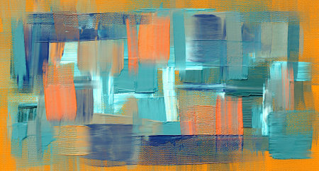 Oil painting, canvas, abstract paint strokes. Acrylic artwork, pumpkin and green artistic texture. Wide brush daubs and smears grungy background, hand painted pattern artの写真素材